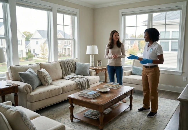 Homeowner discussing a deep cleaning plan with a professional in an upscale living room.