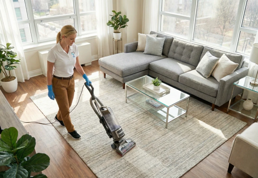 CL House Cleaning professional vacuuming a large rug in a bright upscale living room as part of spring cleaning.