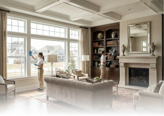Spring cleaning with window dusting and detailed refresh in a spacious living room.